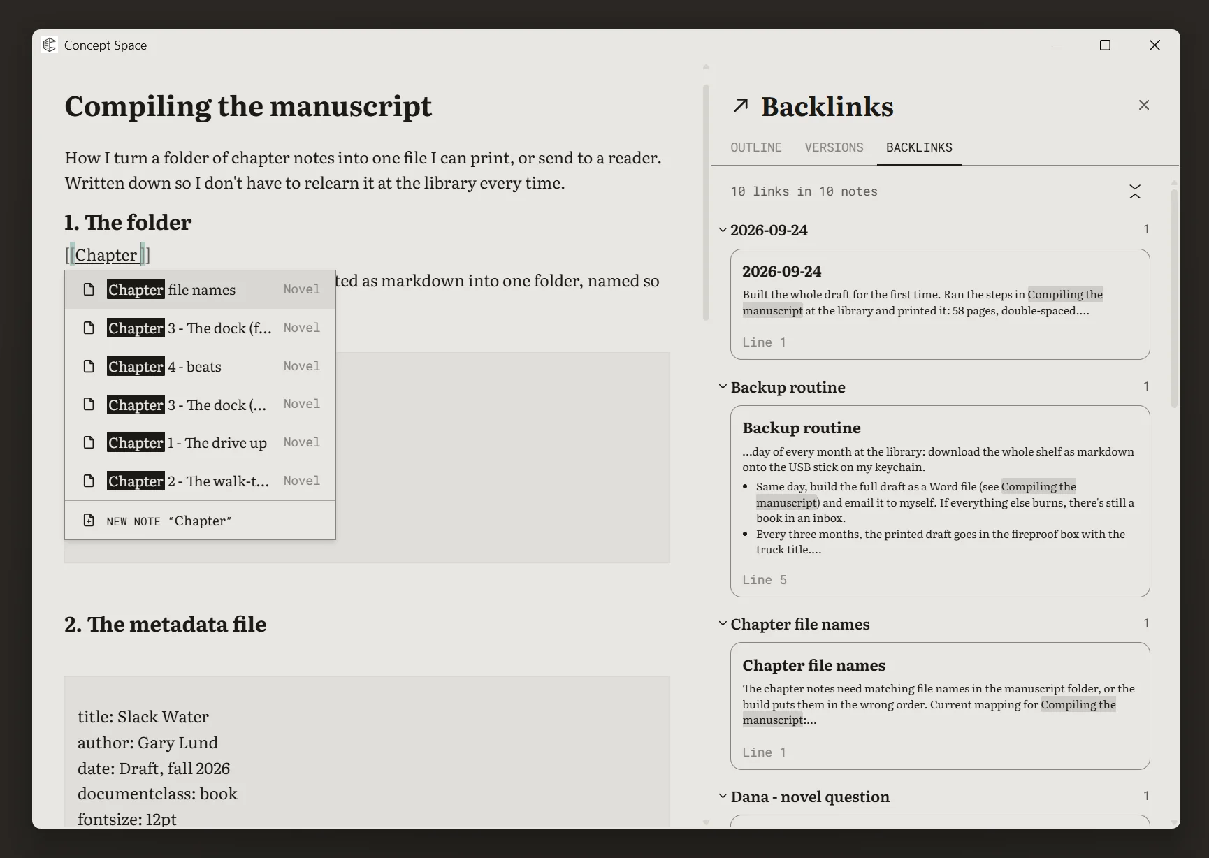 A note being written, with a link to another note being picked from a list, and the Backlinks panel beside it listing the notes that link here.
