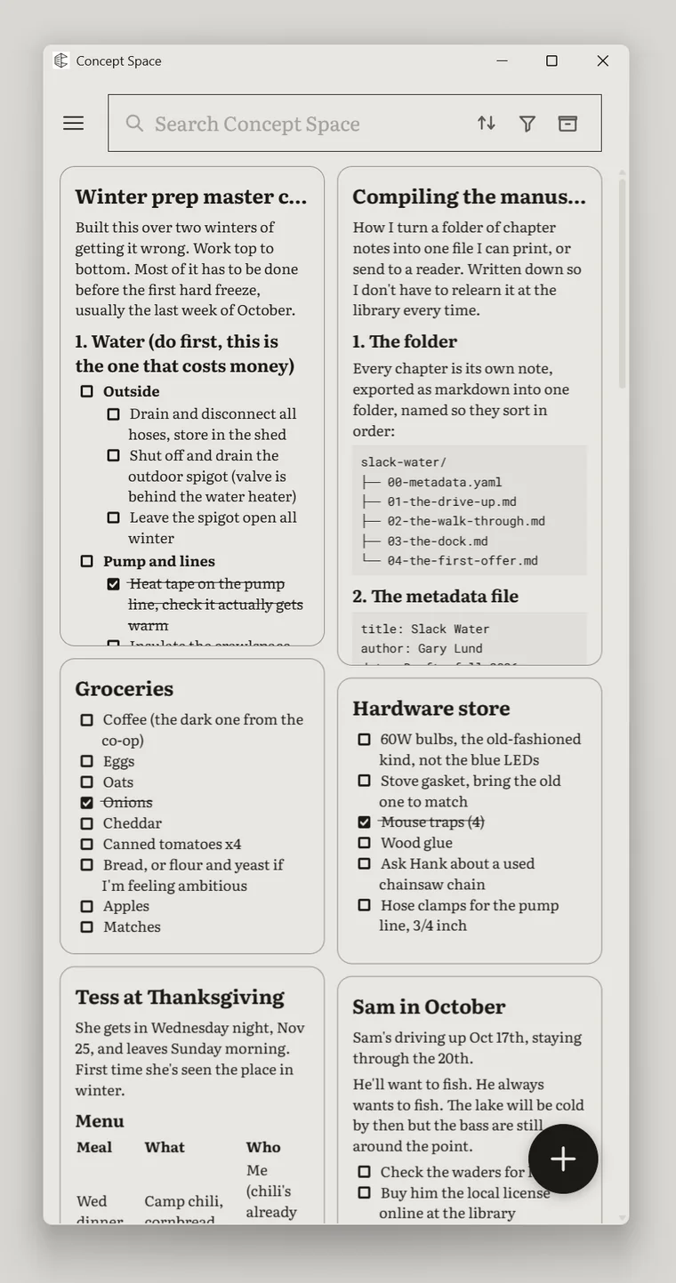 A narrow Concept Space window showing notes as cards: a winter checklist, a grocery list, a hardware store list and plans for visitors.