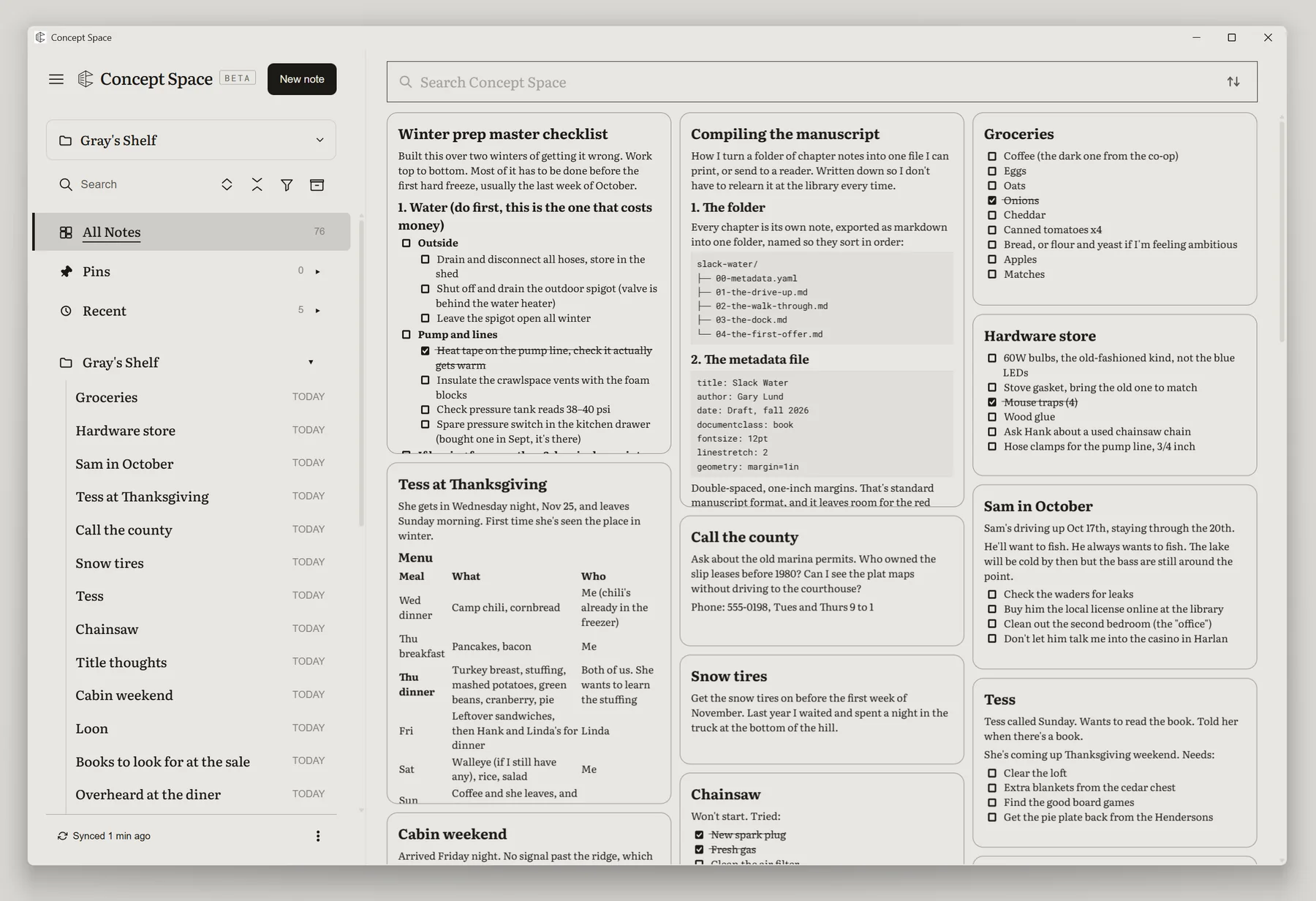 The Concept Space desktop window in paper tones: the folder tree beside cards of notes.
