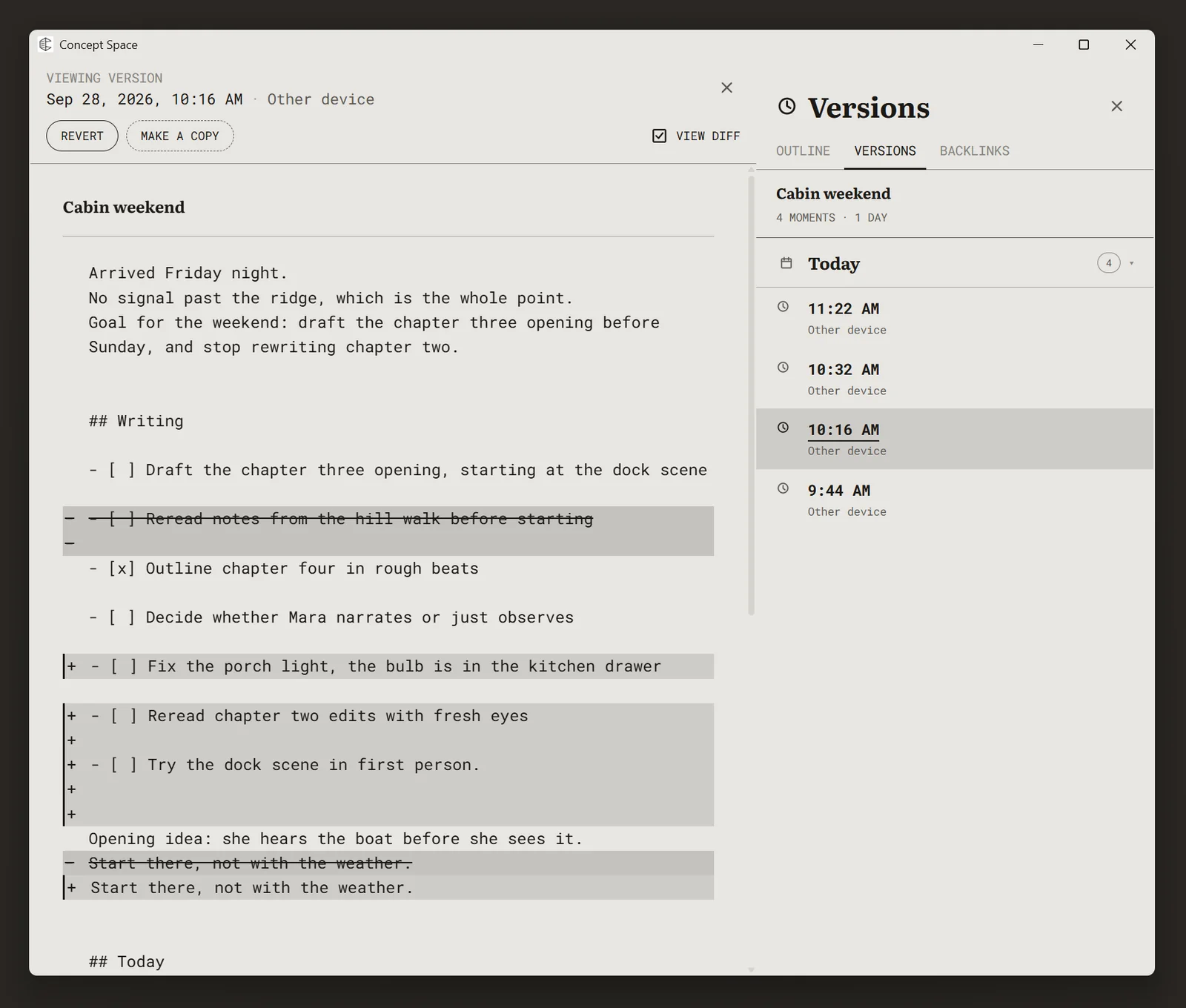 A note open at an earlier version with removed lines struck through and added lines marked, and the Versions panel listing the day's versions.